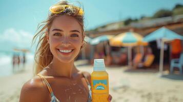 joven mujer disfrutando soleado playa día con protector solar foto