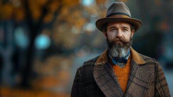 elegante barbado hombre en clásico Clásico atuendo posando al aire libre en otoño foto