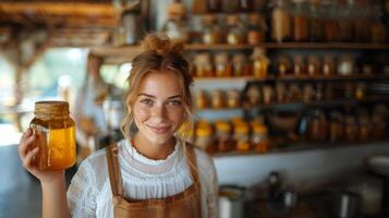 joven mujer sonriente con tarro de miel en rústico cocina foto