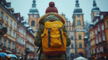 Young Female Traveler Exploring European City in Winter photo