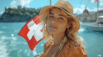 joven hembra turista con suizo bandera por el playa foto