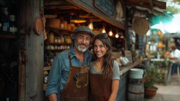 Cheerful Small Business Owners in a Rustic Outdoor Market, Embracing Community and Craftsmanship photo