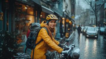 Young Woman Courier Delivers Lunches on Snowy City Day photo