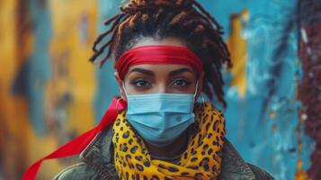 Stylish African American Woman Wearing Face Mask Outdoors photo