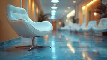 moderno hospital corredor con elegante blanco sillas y lustroso pisos foto