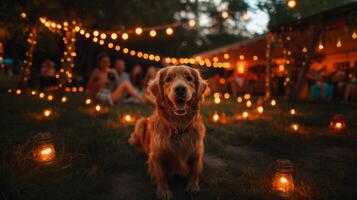 Friends Gather Outdoors with a Dog Under Festive Lights photo