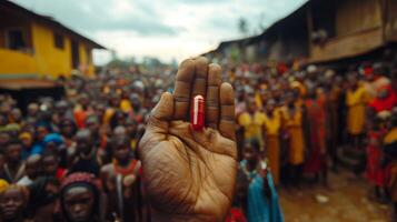 Hand Holding Pills Against Crowd in African Village photo
