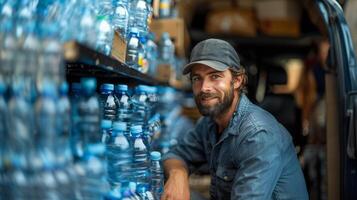 Delivery Man Unloading Bottled Water from Cargo Van photo