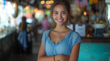 Happy Young Woman Smiling in a Busy Market Place photo