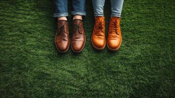 de pareja pies en cuero Zapatos en lozano verde césped foto