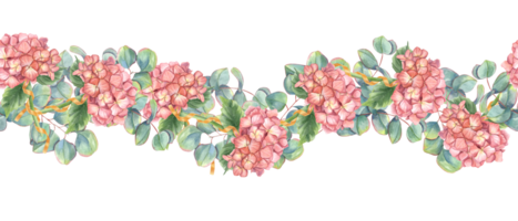 Clásico frontera con hortensia flores y eucalipto sucursales. Fresco verano plantas. horizontal floral bandera. hortensia, plata dólar eucalipto. acuarela ilustración para Boda diseño png