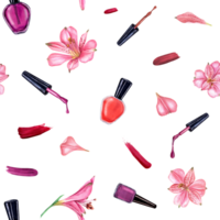 clou polonais, éclaboussures parmi fleurs. sans couture modèle dans rose, rouge couleurs. clou polonais bouteille et brosse. alstroemeria fleur, pétale. aquarelle illustration pour conception, paquet png