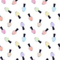 Bottles of multicolored nail polish. Seamless pattern of flying via in pastel colors. Nail care. Manicure and pedicure accessories. Watercolor illustration for package, textile png