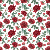 djup röd rosor. rubin blommor och grön löv på stjälkar. blomning sommar trädgård blommor med knoppar. vattenfärg illustration för bröllop design, minnesmärke dag, mor dag och födelsedag dekor png