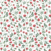 Red roses. Seamless pattern. Ruby flowers and green leaves on stems. Blooming summer garden flower with buds. Watercolor illustration. For wedding design, memorial day, mother day decor png