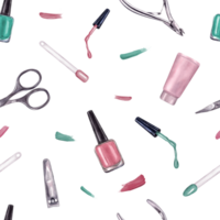 Manicure instruments with splashes. Nail pink, green polish, trimmer, cuticle scissors, clippers for nail treatment. Seamless pattern. Watercolor illustration for package, textile png