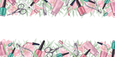 manicure strumenti e floreale composizione. orizzontale telaio di chiodo rosa, verde polacco, tagliabordi, cuticola forbici, clippers per chiodo trattamento. acquerello illustrazione per etichetta, bellezza salone design png