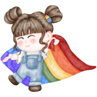 menina segurando uma ampla arco Iris bandeira. png