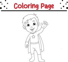 linda chico vistiendo superhéroe colorante libro página para niños. vector