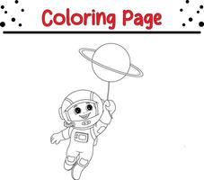 young astronaut space planet coloring page for kids. Black and white illustration for coloring book vector