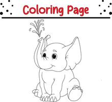 bebé elefante jugando agua colorante página para niños. negro y blanco ilustración para colorante libro vector