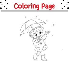 pequeño niña participación paraguas lluvia colorante página para niños y adultos vector