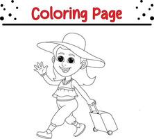 cute girl traveling carrying suitcase waving coloring page for kids. Black and white illustration for coloring book vector