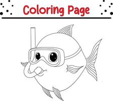 fish with diving equipment coloring book page for children vector