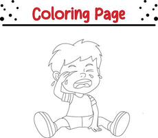 little boy crying coloring book page for children vector