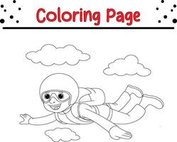 fun young boy enjoying sky diving jump off from plane coloring page for kids. vector