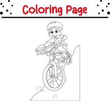 cute boy mountain biking white coloring book page for kids. vector