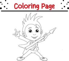 little boy playing guitar coloring book page for kids. vector