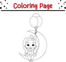 hermosa joven niña sentado creciente Luna colorante libro página para niños vector