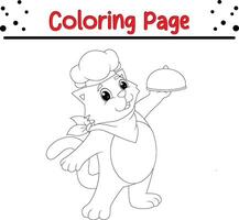 chef cat carrying food tray coloring book page for kids. vector