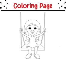 happy girl playing swing coloring book page for children vector