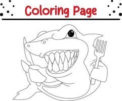 cute shark holding cutlery coloring page for kids. Black and white illustration for coloring book vector