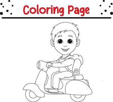 schoolboy riding scooter coloring page for kids. Black and white illustration for coloring book vector