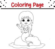 mermaid sitting rock waving coloring book page for kids. vector