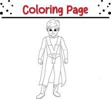 cute boy wearing superhero costume coloring book page for kids. vector