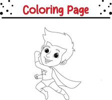 cute boy wearing superhero costume coloring book page for kids. vector