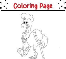 chicken broken leg using crutches coloring page for kids and adults vector