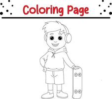 boy with skateboard coloring book page for children vector