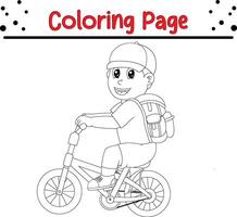 boy go school by bicycle coloring book page for kids. vector