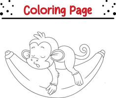 cute monkey sleeping big banana coloring book page for kids. vector