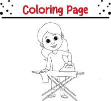 joven niña planchado ropa colorante página para niños y adultos vector