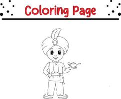 Little Aladdin holding his magic lamp coloring book page for kids. vector