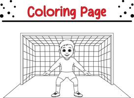 boy playing soccer as goalkeeper coloring book page for kids. vector