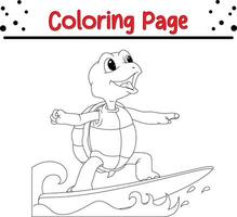 cute turtle surfing coloring book page for children vector