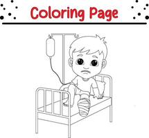 sick boy with intravenous infusion coloring book page for kids. vector