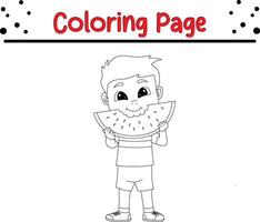 little boy eating watermelon coloring page for kids and adults vector